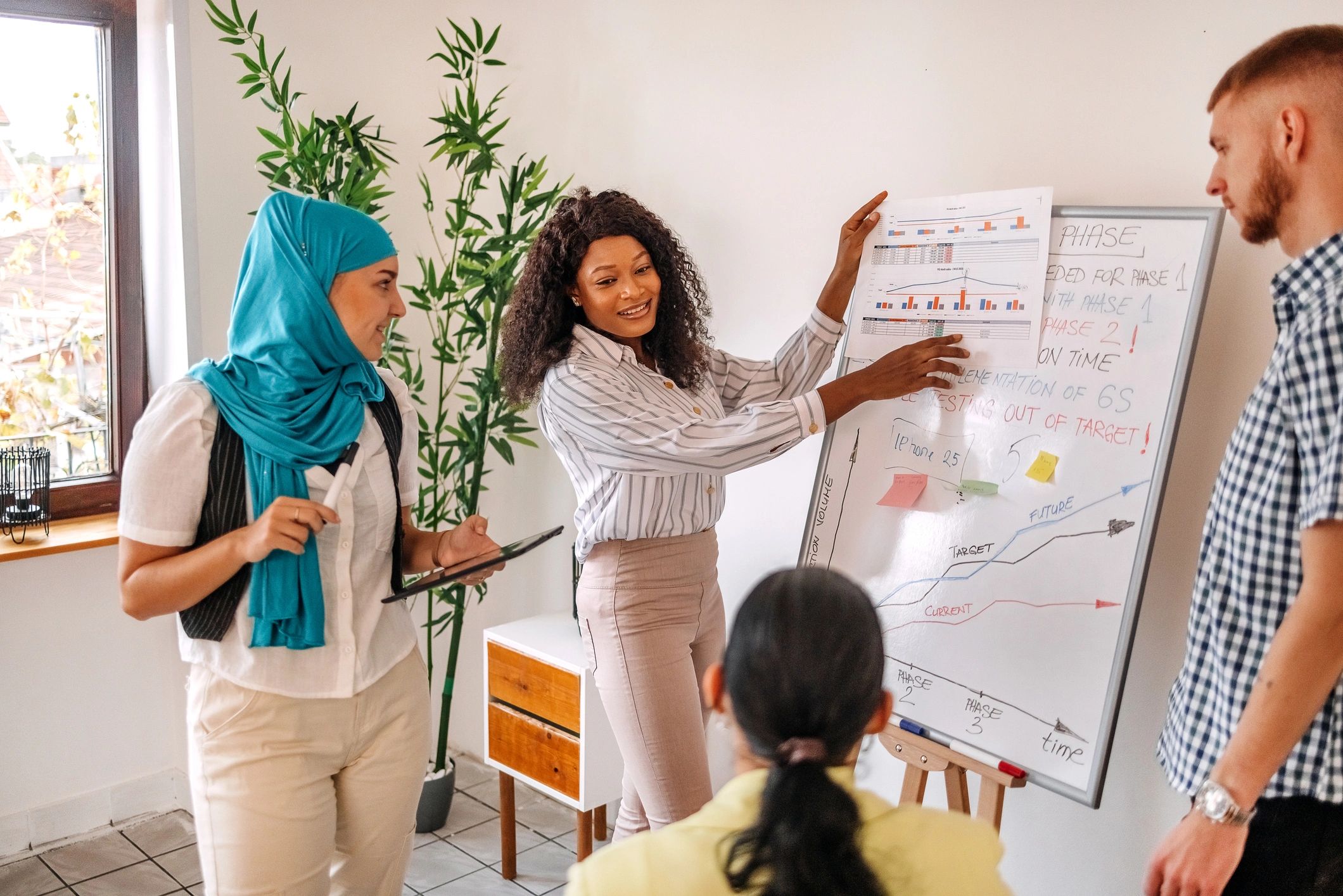 Team reviewing information on a whiteboard during an office meeting